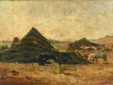 an image of a painting of a tent in the desert