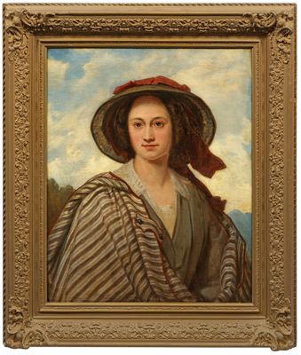 un tableau représentant une femme portant un grand chapeau et un châle rayé