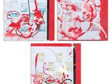 three red and white cards with red and white designs on them