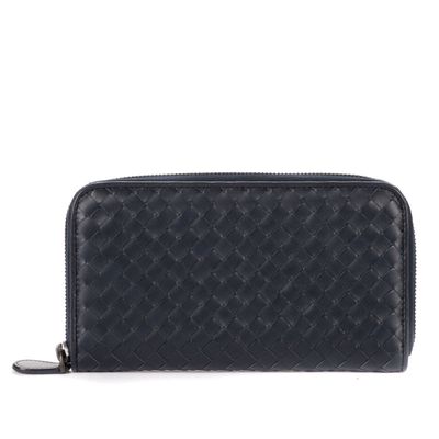 a black leather wallet with a zipper closure