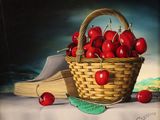 a painting of a basket of cherries on a table