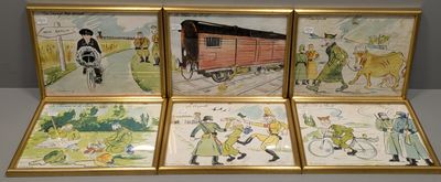 quatre photos encadrées représentant des personnes et un train, posées sur une table