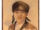 painting of a man in a hat and jacket with a bird on his head