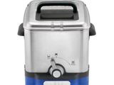 a close up of a blue and silver toaster on a white background