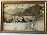 an image of a painting of a snowy mountain scene with a house in the foreground