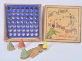 deux jouets en bois posés devant une boîte