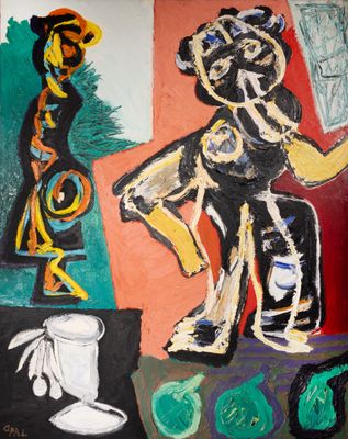 a painting on the wall of a room with a painting on the wall
