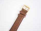 the brown leather watch strap has a gold buckle on it