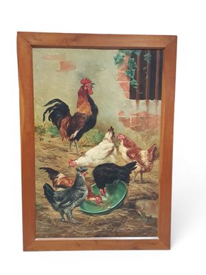 painting of chickens and roosters in a barn by a window