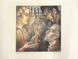 tableau représentant trois hommes contemplant une œuvre d'art encadrée