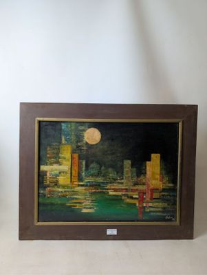 tableau représentant une ville la nuit, avec la pleine lune dans le ciel