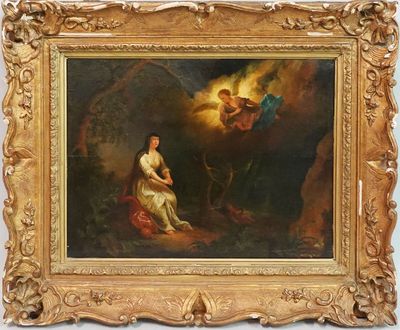 une image représentant un tableau où l'on voit une femme agenouillée dans une grotte, entourée d'anges