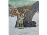 an oil painting of a waterfall in the middle of a lake