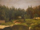 painting of a river with trees and a bridge in the background