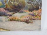 an oil painting of a path in a garden with bushes and trees