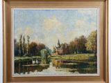 an oil painting of a landscape with a church in the distance