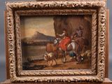 an image of a painting of a man on a horse with a group of people and a dog