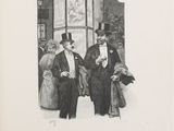 an old black and white photo of two men and a woman standing in front of a window
