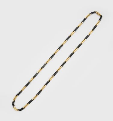 a black and gold beaded necklace on a white background