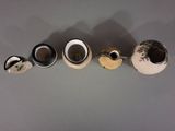 five different types of vases lined up on a table