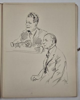 un vieux croquis représentant deux hommes assis à une table devant un micro