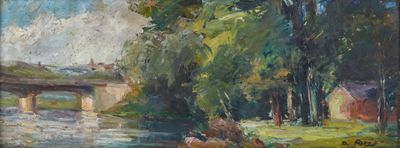 une peinture d'une rivière avec un pont à l'arrière-plan