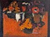 une peinture à l'huile représentant des fleurs dans un vase sur une table