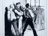illustration représentant un groupe d'hommes debout autour d'une fenêtre dans une pièce