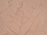 drawing of a woman sitting at a table with a book in her hand