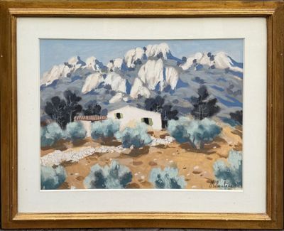 une image représentant une peinture d'un paysage de montagne avec une maison au premier plan