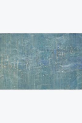 une peinture abstraite composée de lignes bleues et blanches sur un fond bleu