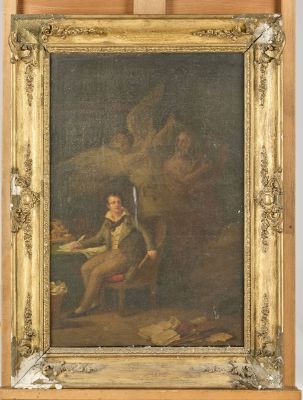 un vieux tableau représentant un homme assis sur une chaise devant un tableau