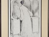 dessin représentant une femme en robe blanche debout devant un miroir