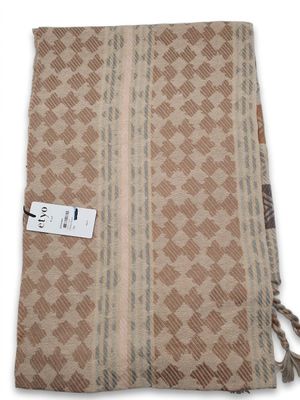 a brown and white towel with a tag on it