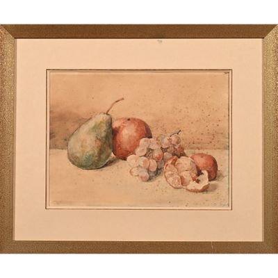 tableau représentant une nature morte composée de fruits et de noix posés sur une table