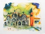 une aquarelle représentant un bâtiment avec une tour horloge