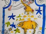 drawing of a man and a woman in a yellow dress with a sheep