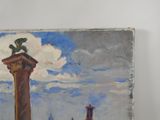 a painting of a statue on a pedestal in the middle of a city