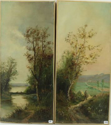 deux tableaux représentant un paysage avec une rivière et un homme à cheval