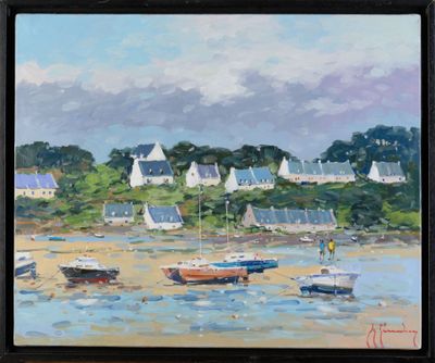 a painting of boats on the water in a harbor