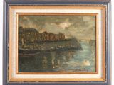 peinture d'une vue d'un port avec des bateaux dans l'eau