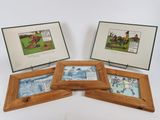 three framed pictures of horses and jockeys on display in a wooden frame