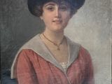 painting of a woman in a red dress and a black hat