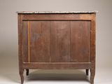 an old wooden cabinet with a marble top on a white background