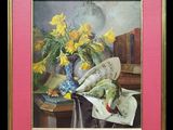 une peinture représentant un vase de fleurs sur une table
