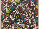 an abstract painting in a white frame hanging on a wall