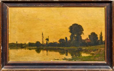 une image représentant un tableau où l'on voit une rivière, avec des arbres et des bâtiments en arrière-plan