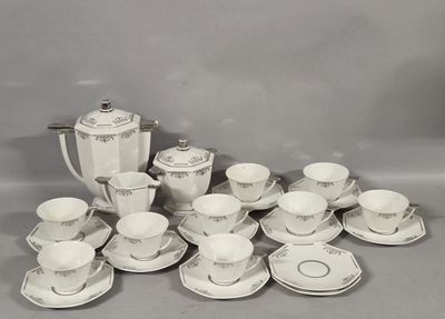 a picture of a collection of white and silver tea and coffee sets