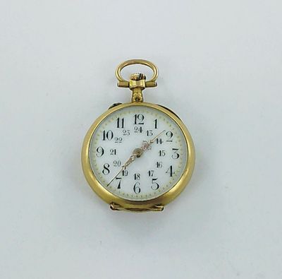 a gold pocket watch with a white face on a white surface
