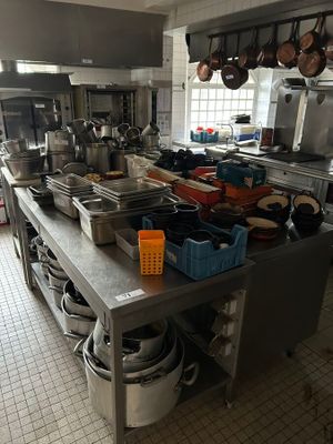 many pots and pans on the counter in the kitchen